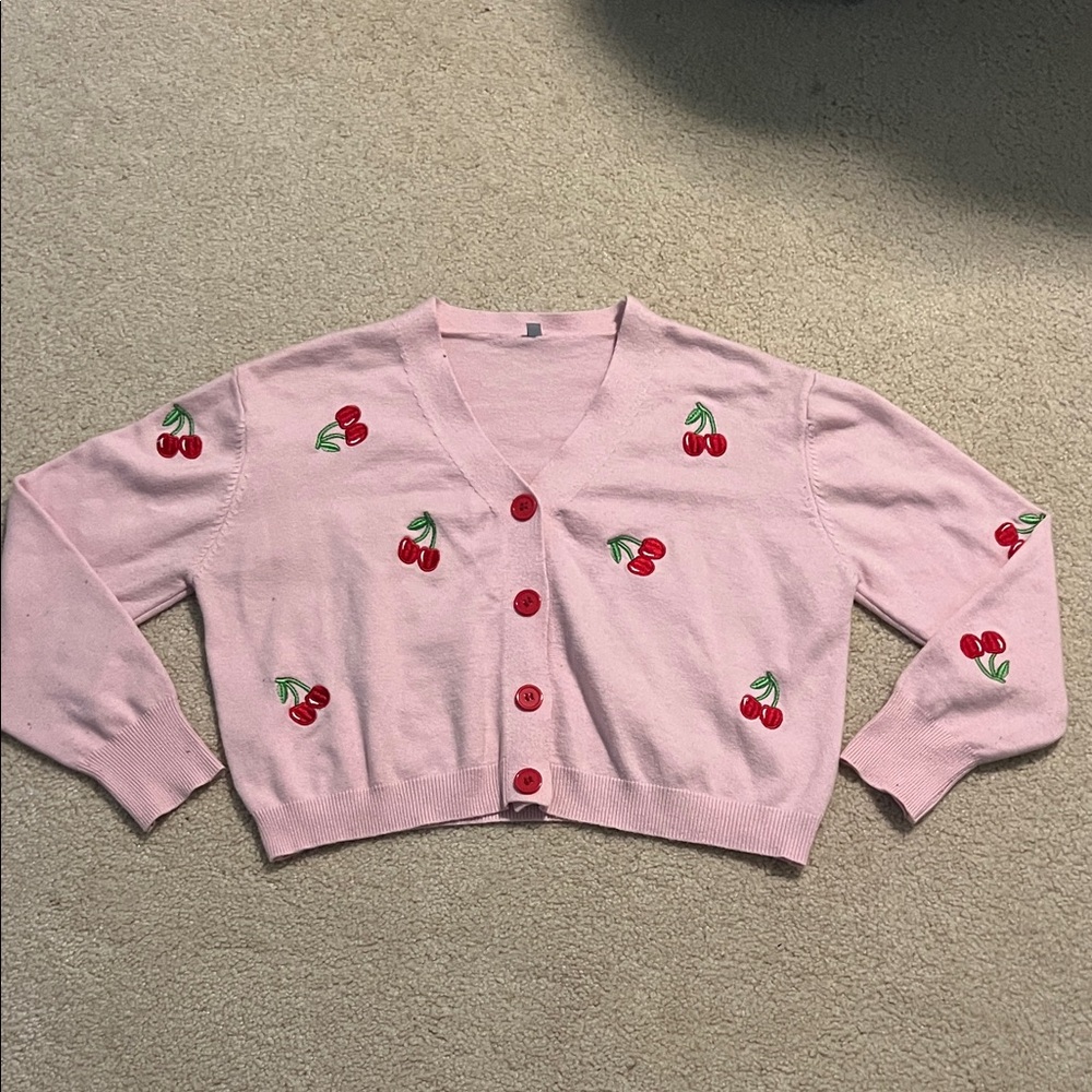 Pink cherry embroidered women's cropped sweater